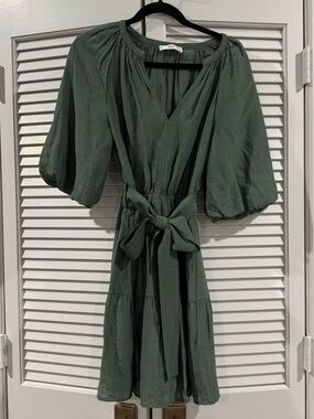Mango Olive Green Puff-Sleeve Tie-Waist Mini Dress